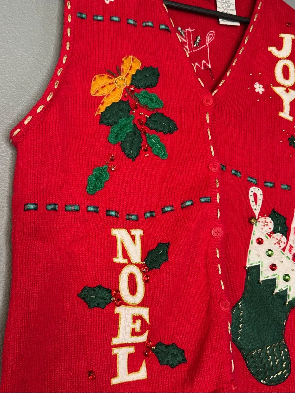 Bobbie Brooks Christmas Sweater Vest Womens XL Red Noel Joy Holiday Appliqués